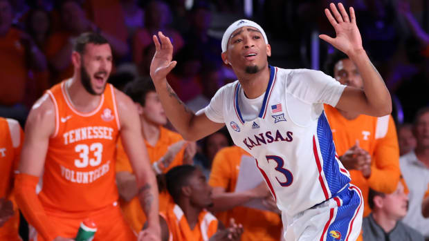 Nov 25, 2022; Paradise Island, BAHAMAS; Kansas Jayhawks guard Dajuan Harris Jr. (3) reacts during the second half against the Tennessee Volunteers at Imperial Arena. Mandatory Credit: Kevin Jairaj-USA TODAY Sports